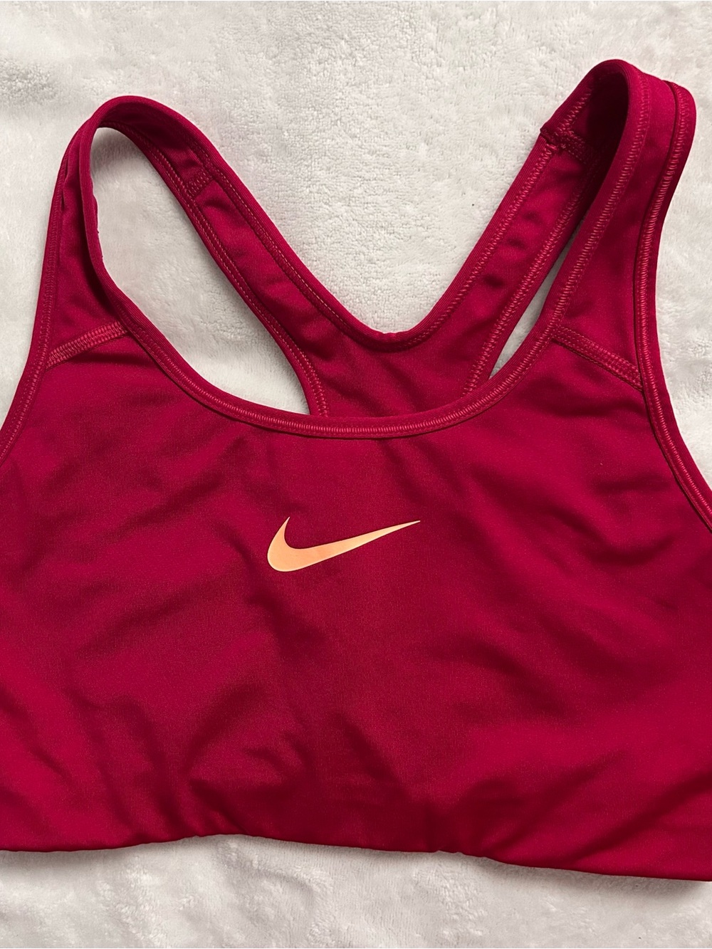 Nike Women's Raspberry Racerback Sports Bra with Peach Swoosh